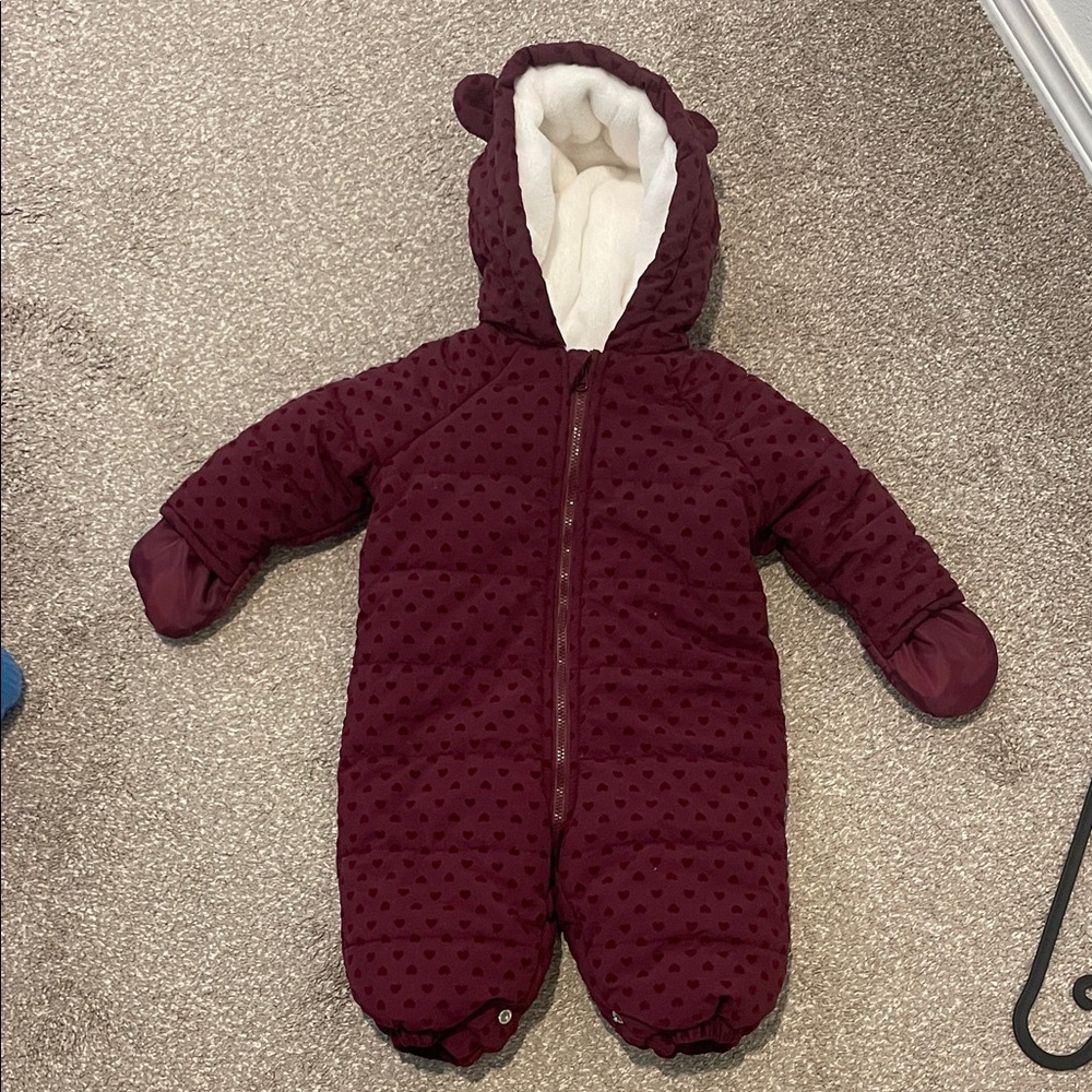 First Impressions Baby Hooded Flocked Hearts Footed Snowsuit, 0-3 months